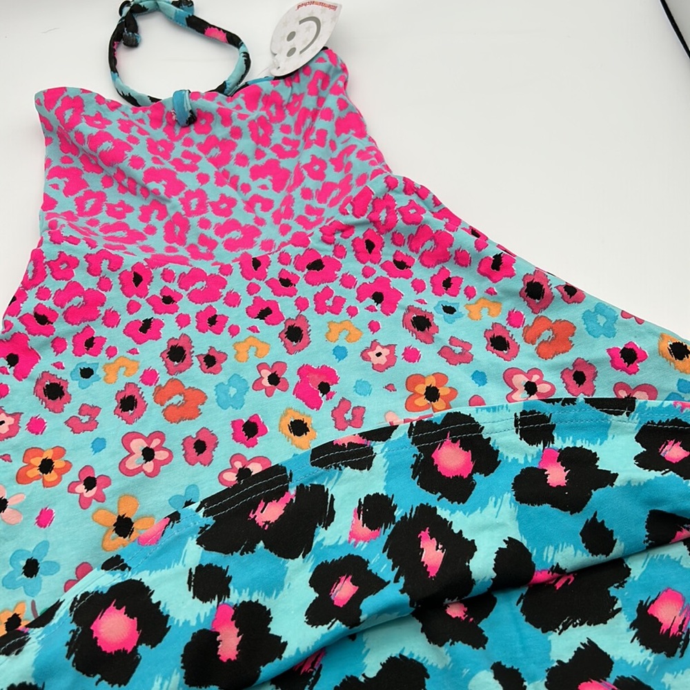 TWIN dresses! Reversible Strapless A-Line Halter Dress Floral Leopard Blue Pink